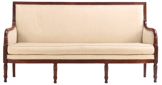 A  FRENCH RESTORATION NINETEENTH CENTURY "TRUMPET" ARM SOFA  WITH RECENT FABRIC.