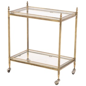 FRENCH BRASS AND GLASS TWO TIERED SERVING CART ON WHEELS C 1960.