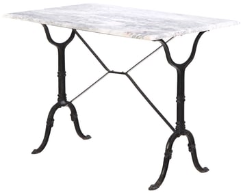 FRENCH CAST IRON AND MARBLE BISTRO TABLE.