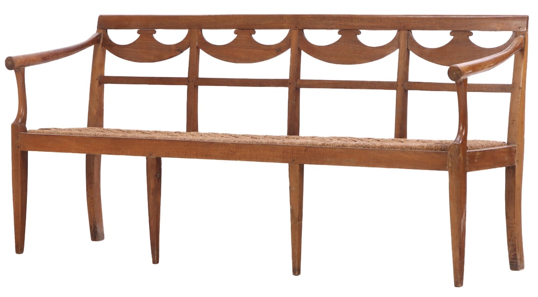 ITALIAN WALNUT LATE EIGHTEENTH CENTURY DIRECTOIRE BENCH HAVING A CORD SEAT AND OPEN ARMS. (1 of 6)