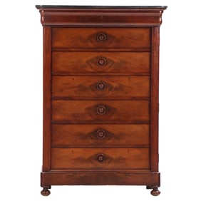 FRENCH CROTCH MAHOGANY SEVEN DRAWER LOCKSIDE CHEST WITH A MARBLE TOP C 1860.