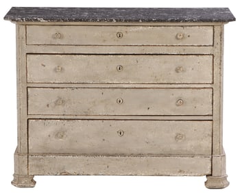 NINETEENTH CENTURY FRENCH MARBLE TOP FOUR DRAWER DRESSER.