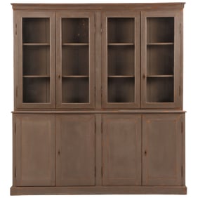 TWO PIECE PAINTED OAK FRENCH CABINET HAVING FOUR GLASS DOORS OVER FOUR BLIND DOORS C 1900.