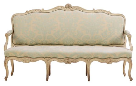 18TH C FRENCH LOUIS XV PAINTED AND CARVED EIGHT LEG SOFA.