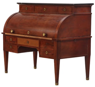 LARGE FRENCH EMPIRE MAHOGANY MARBLE TOP CYLINDER DESK C 1860 HAVING A PULL PUT LEATHER WORK