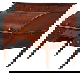 LARGE FRENCH EMPIRE MAHOGANY MARBLE TOP CYLINDER DESK C 1860 HAVING A PULL PUT LEATHER WORK: Large French Empire mahogany marble top Cylinder desk C 1860 having a pull put leather work surface. Kneehole measuring a height of 21". Key not functional. Ht: 49.25" Wd: 58" Dpth: 30"