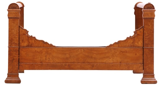 FIGURED ELM EMPIRE DAYBED C 1850. DISMANTLES FOR TRANSPORT.