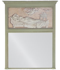FRENCH PAINTED TRUMEAU MIRROR C 1880 WITH PAINTING ON BOARD.