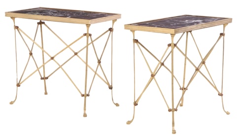 PAIR RECTANGULAR BRONZE MARBLE TOP END TABLES IN THE NEO-CLASSICAL STYLE.
