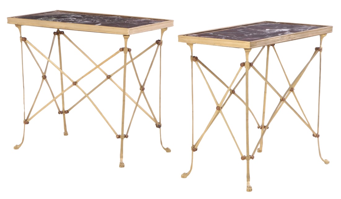 PAIR RECTANGULAR BRONZE MARBLE TOP END TABLES IN THE NEO-CLASSICAL STYLE. (1 of 6)