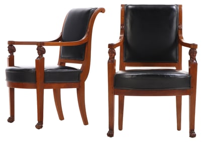A PAIR OF SIGNED 19TH C. FRENCH MAHOGANY AND LEATHER CONSULATE ARM CHAIRS BY JACOB FRERES. 