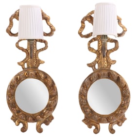 PAIR FRENCH GILTWOOD MIRRORED WALL SCONCES  WITH SINGLE LIGHTS C 1930.
