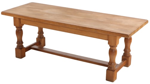 FRENCH OAK FARM TABLE HAVING TURNED LEGS AND A THICK TOP C 1940.