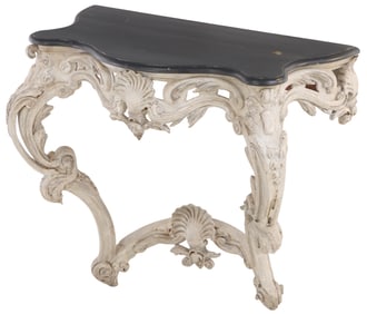 FRENCH LOUIS XV STYLE PAINTED AND CARVED CONSOLE TABLE.
