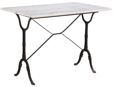 FRENCH CAST IRON MARBLE TOP BISTRO TABLE.
