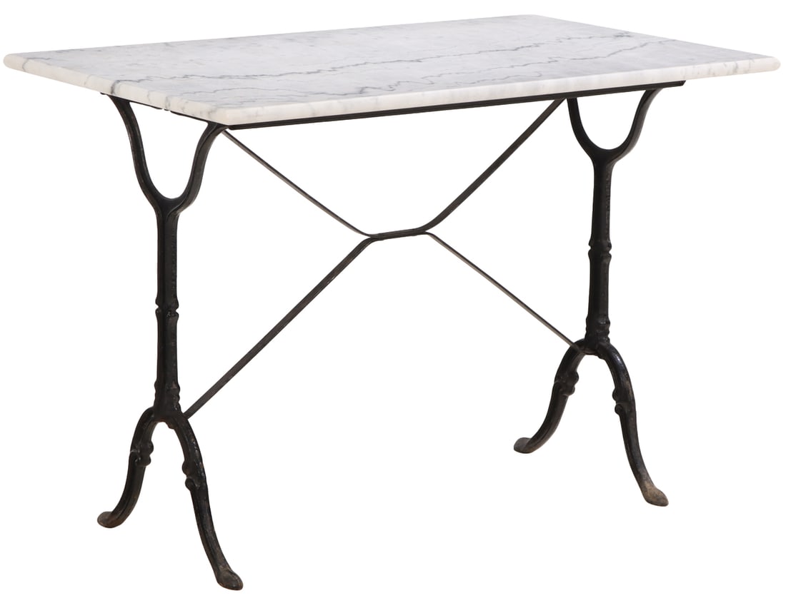 FRENCH CAST IRON MARBLE TOP BISTRO TABLE. (1 of 5)
