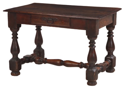 18TH C CONTINENTAL OAK TABLE HAVING A SINGLE DRAWER AND TURNED STRETCHER.