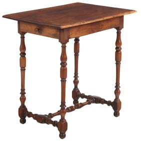A PETITE MAHOGANY EIGHTEENTH CENTURY TABLE HAVING A SINGLE DRAWER AND AN H FORM TURNED STRETCHER.