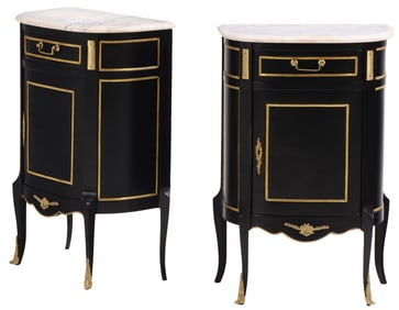 PAIR OF DIMINUTIVE BRONZE MOUNTED EBONIZED MARBLE TOP COMMODES HAVING A SINGLE DRAWER OVER A DOOR.