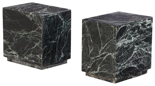 PAIR OF LOW MARBLE PEDESTALS HAVING A RECESSED BASE.