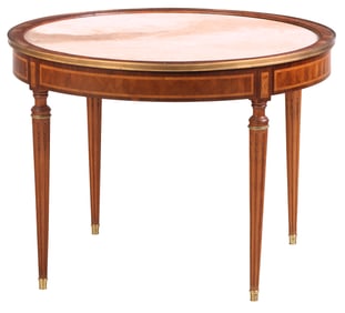 41" LOUIS XVI STYLE MARBLE TOP CENTER TABLE HAVING INLAID AND BANDED FRAME C 1930.
