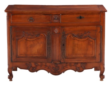 EIGHTEENTH CENTURY FRENCH PROVINCIAL CARVED CHERRY SERVER HAVING TWO DOORS AND TWO DRAWERS.