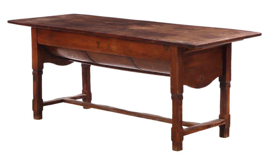NINETEENTH CENTURY FRENCH FARM TABLE WITH STORAGE UNDER TOP. TOP HAS BEAUTIFUL WEAR AND GRAINING. (1 of 6)