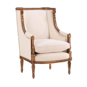 FRENCH LOUIS XVI STYLE GILTWOOD BERGERE CHAIR C 1900 HAVING NEW FABRIC.