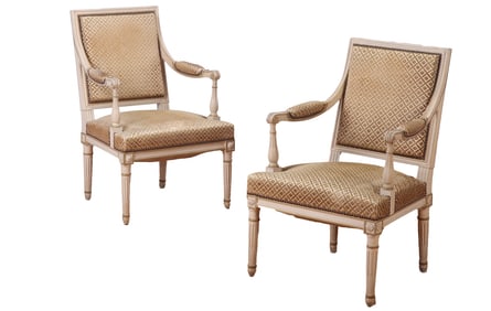 PAIR FRENCH PAINTED LOUIS XVI STYLE OPEN ARM CHAIRS C 1940.