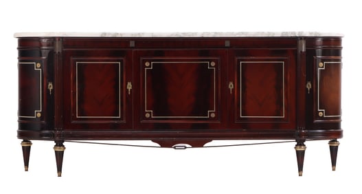 FRENCH MAHOGANY LOUIS XVI STYLE MARBLE TOP BRONZE MOUNTED SIDEBOARD HAVING FIVE DOORS, ONE OPENING
