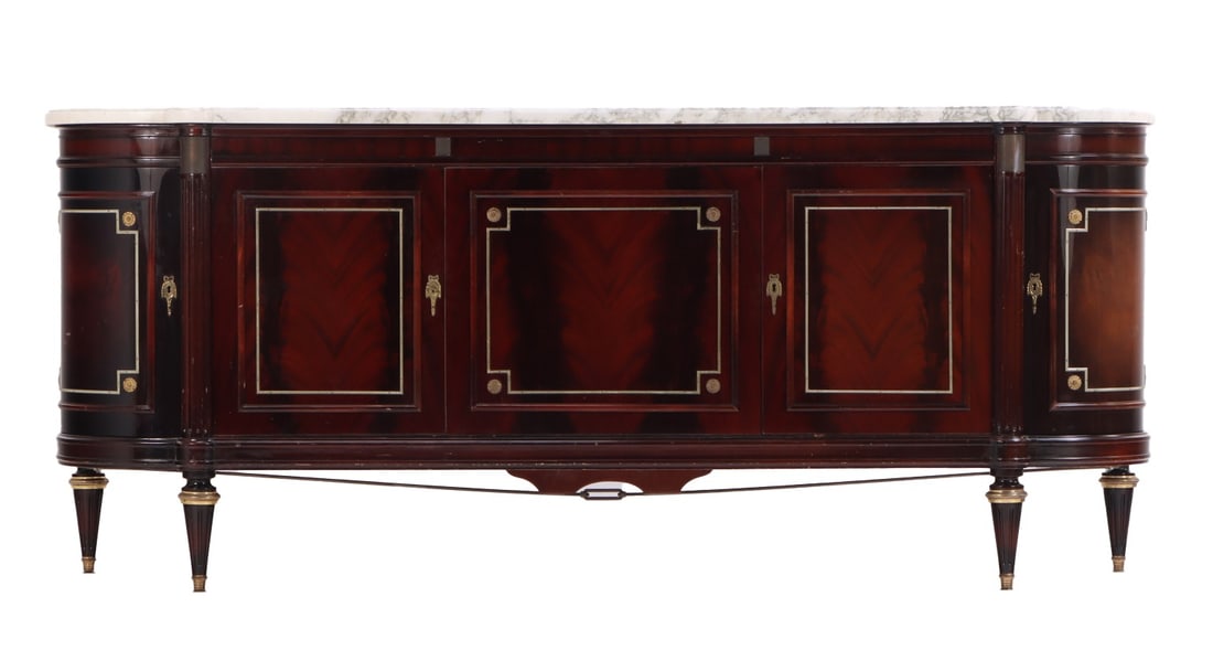FRENCH MAHOGANY LOUIS XVI STYLE MARBLE TOP BRONZE MOUNTED SIDEBOARD HAVING FIVE DOORS, ONE OPENING (1 of 7)