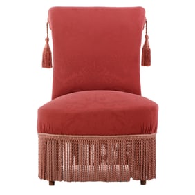 A FRENCH NAPOLEON III STYLE SLIPPER CHAIR WITH FRINGE DECORATION AND EBONIZED AND TURNED LEGS C