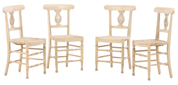 FOUR PAINTED FRENCH CHAIRS HAVING LYRE BACKS AND RUSH SEATS C 1900.