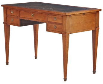 FRENCH DIRECTOIRE STYLE MAHOGANY LEATHER TOP WRITING DESK WITH PULL OUT SLIDES AND OAK