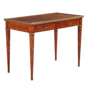 FRENCH INLAID  WRITING DESK HAVING TWO DRAWERS AND A GILT TOOLED LEATHER TOP BOUND WITH BRASS  C