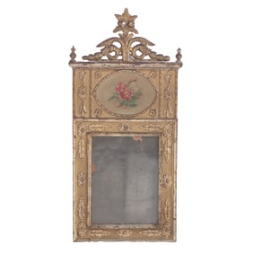 EIGHTEENTH CENTURY CONTINENTAL CARVED AND GILTWOOD MIRROR WITH PAINTING ON CANVAS.