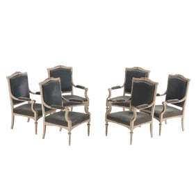 SIX MATCHING CARVED AND PAINTED FRENCH OPEN ARM CHAIRS FROM A LARGE SALON IN PARIS C 1890.