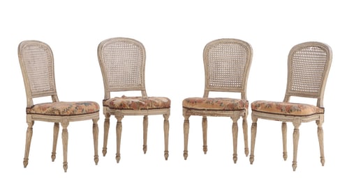FOUR PAINTED FRENCH LOUIS XVI SIDECHAIRS C 1840 HAVING CANE BACKS.
