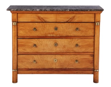 A FRENCH WALNUT MARBLE TOP COMMODE C 1860 HAVING ROUND COLUMNS AND BRONZE MOUNTS.