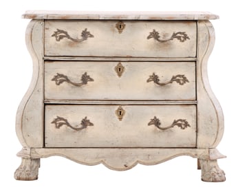 EARLY NINETEENTH CENTURY DUTCH KETTLE BASE PAINTED THREE DRAWER COMMODE WITH BRASS HANDLES.
