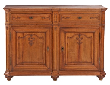 EIGHTEENTH CENTURY CARVED OAK BUFFET HAVING TWO DRAWERS OVER TWO DOORS.