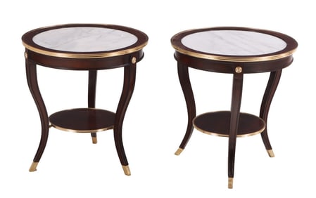 PAIR ROUND MAHOGANY DIRECTOIRE STYLE MARBLE TOP TABLES