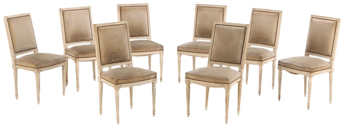 EIGHT PAINTED FRENCH LOUIS XVI STYLE DINING ROOM CHAIRS C 1940.