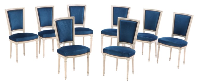 EIGHT PAINTED FRENCH LOUIS XVI STYLE DINING CHAIRS C 1940.