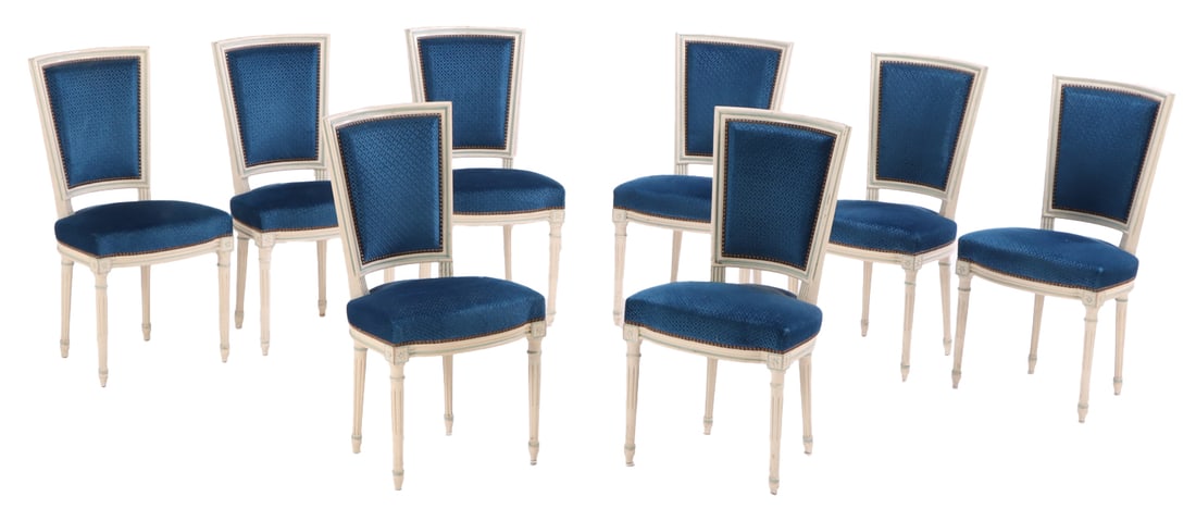 EIGHT PAINTED FRENCH LOUIS XVI STYLE DINING CHAIRS C 1940. (1 of 7)