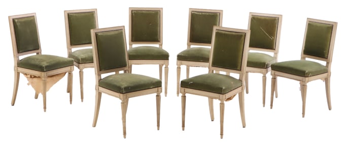 EIGHT PAINTED FRENCH LOUIS XVI STYLE DINING CHAIRS WITH UPHOLSTERED BACK C 1940.