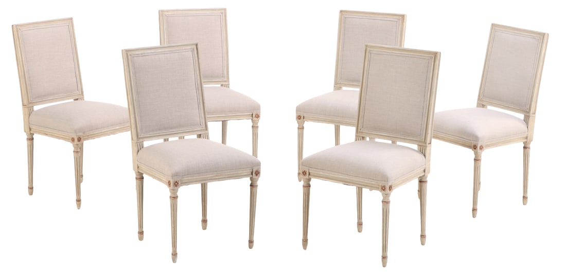 SIX PAINTED AND GILTWOOD LOUIS XVI STYLE DINING CHAIRS C 1940 HAVING NEWLY UPHOLSTERED BACKS AND (1 of 7)