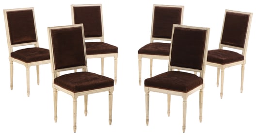 SIX PAINTED FRENCH LOUIS XVI STYLE DINING CHAIRS C 1940.