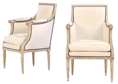 PAIR OF FRENCH LOUIS XVI STYLE PAINTED CLOSED ARM CHAIRS HAVING FLUTED LEGS AND CUSTOM SLIP COVERS
