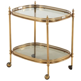 FRENCH DIRECTOIRE STYLE BRASS AND SMOKED GLASS BAR CART C 1960 HAVING TWO REMOVABLE SERVING TRAYS.
